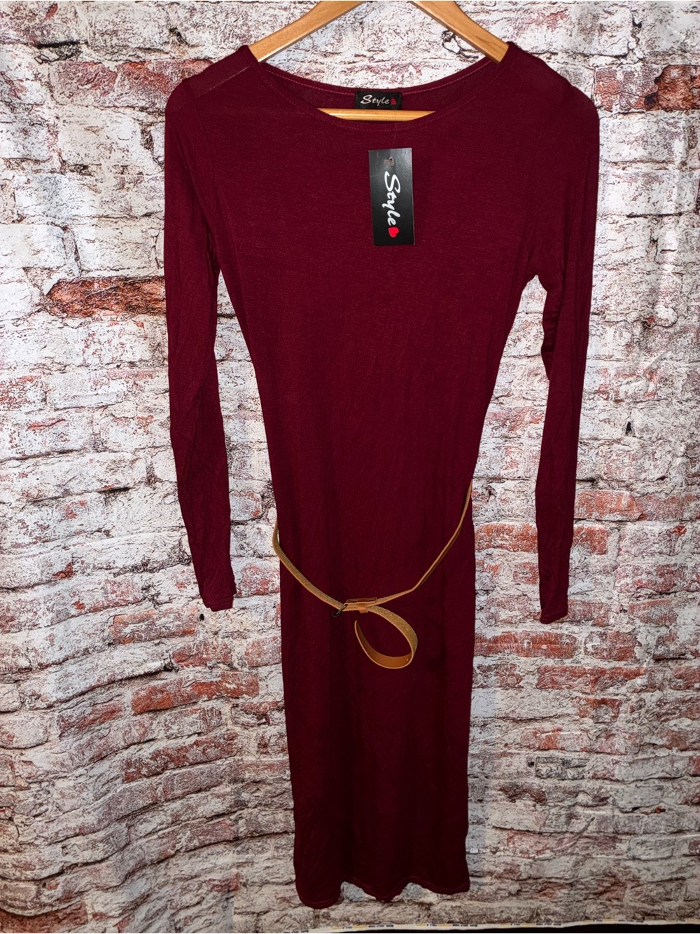 Long Sleeve Burgundy Midi Dress with Belt